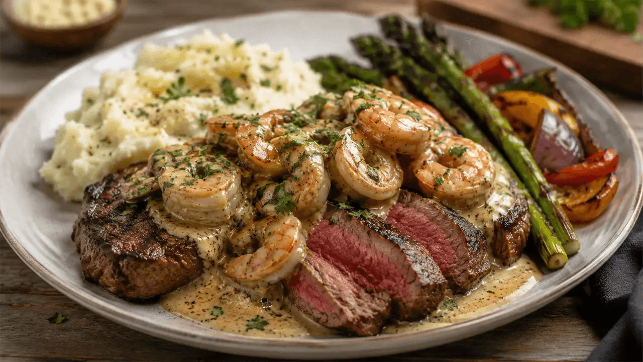 Cajun Surf & Turf with Creamy Garlic Shrimp Sauce