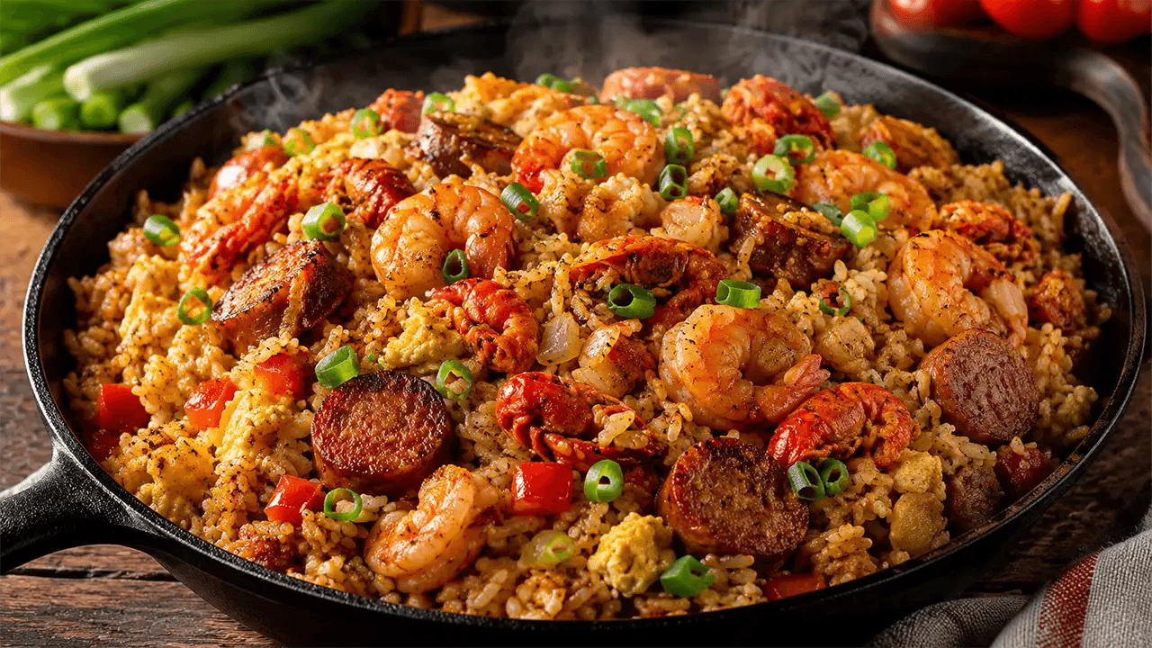 Cajun Crawfish, Shrimp & Andouille Fried Rice