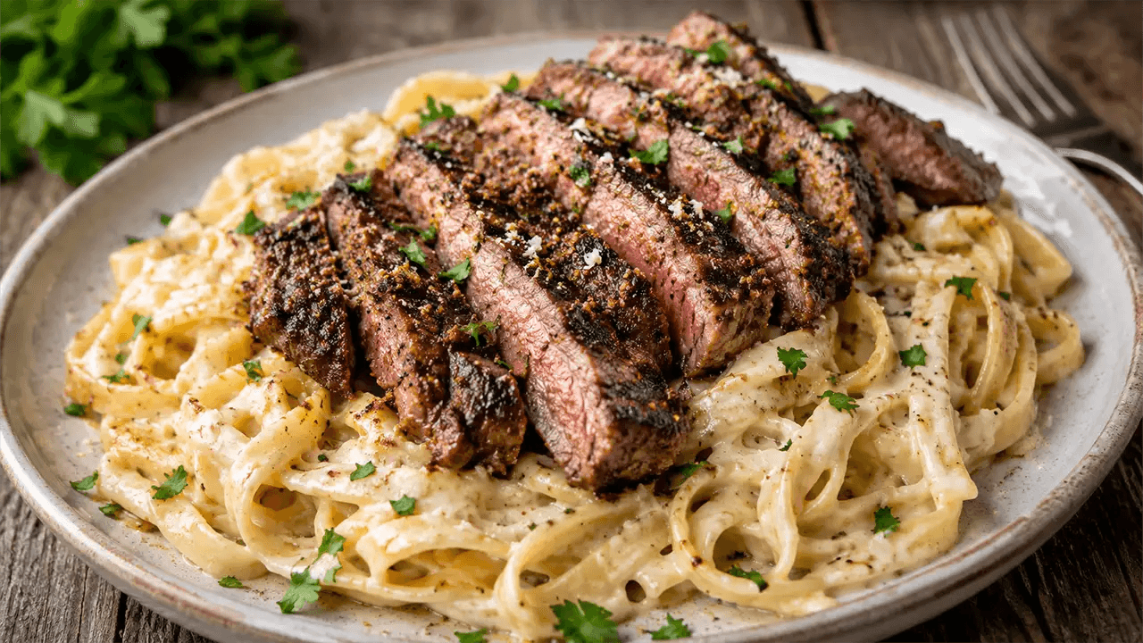 Creamy Cajun Steak Alfredo with Parmesan Garlic Sauce