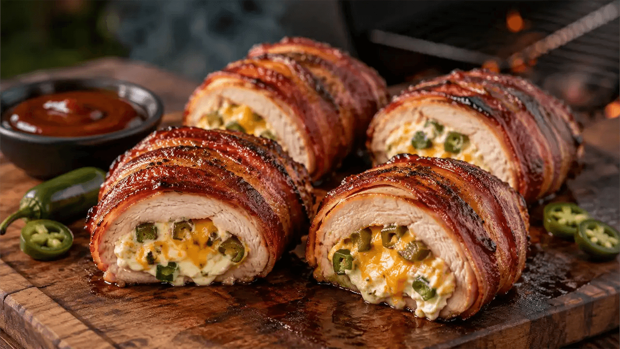 Smoked Jalapeño Popper Chicken Bombs Wrapped in Bacon