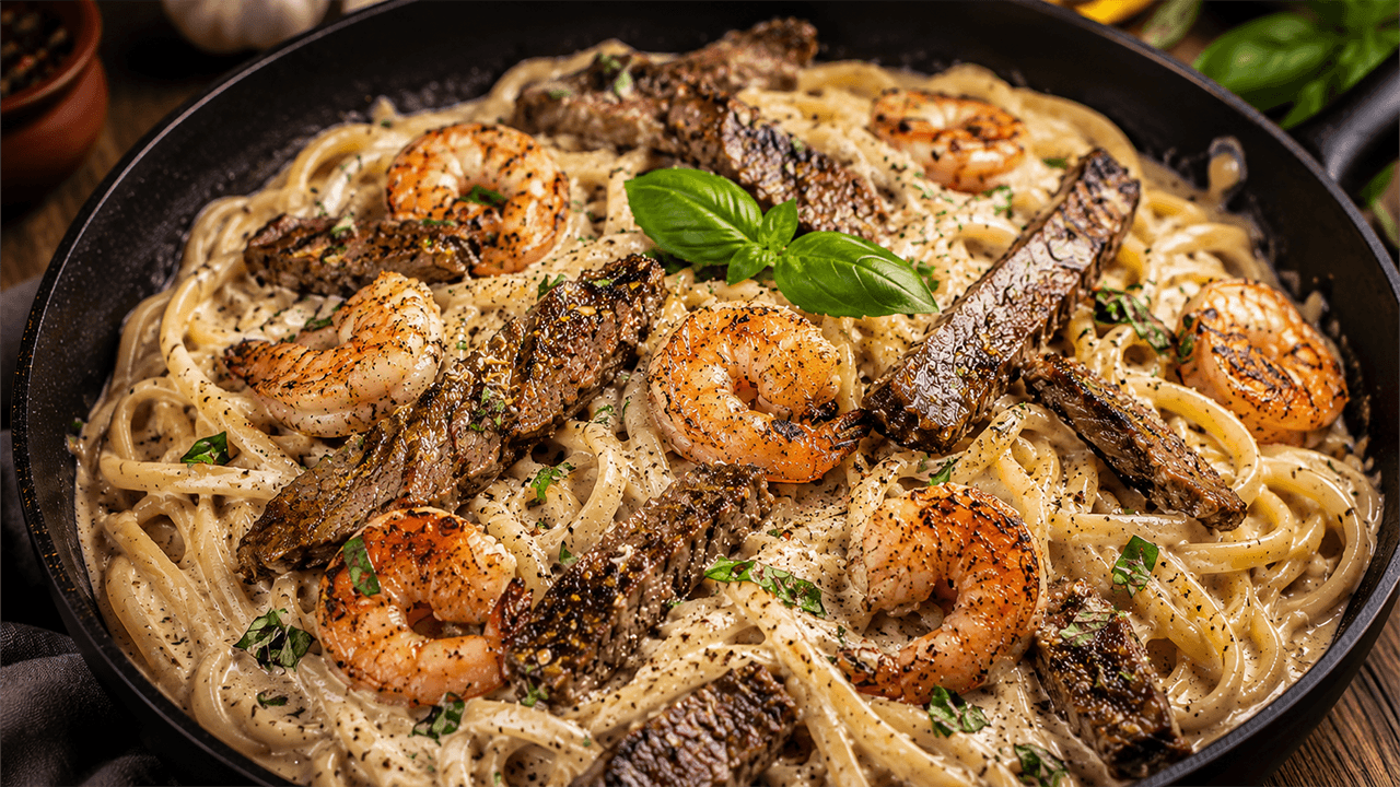 Cajun Shrimp & Steak Alfredo Linguine