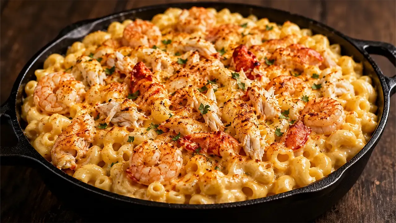 Loaded Seafood Mac and Cheese with Shrimp, Lobster & Crab