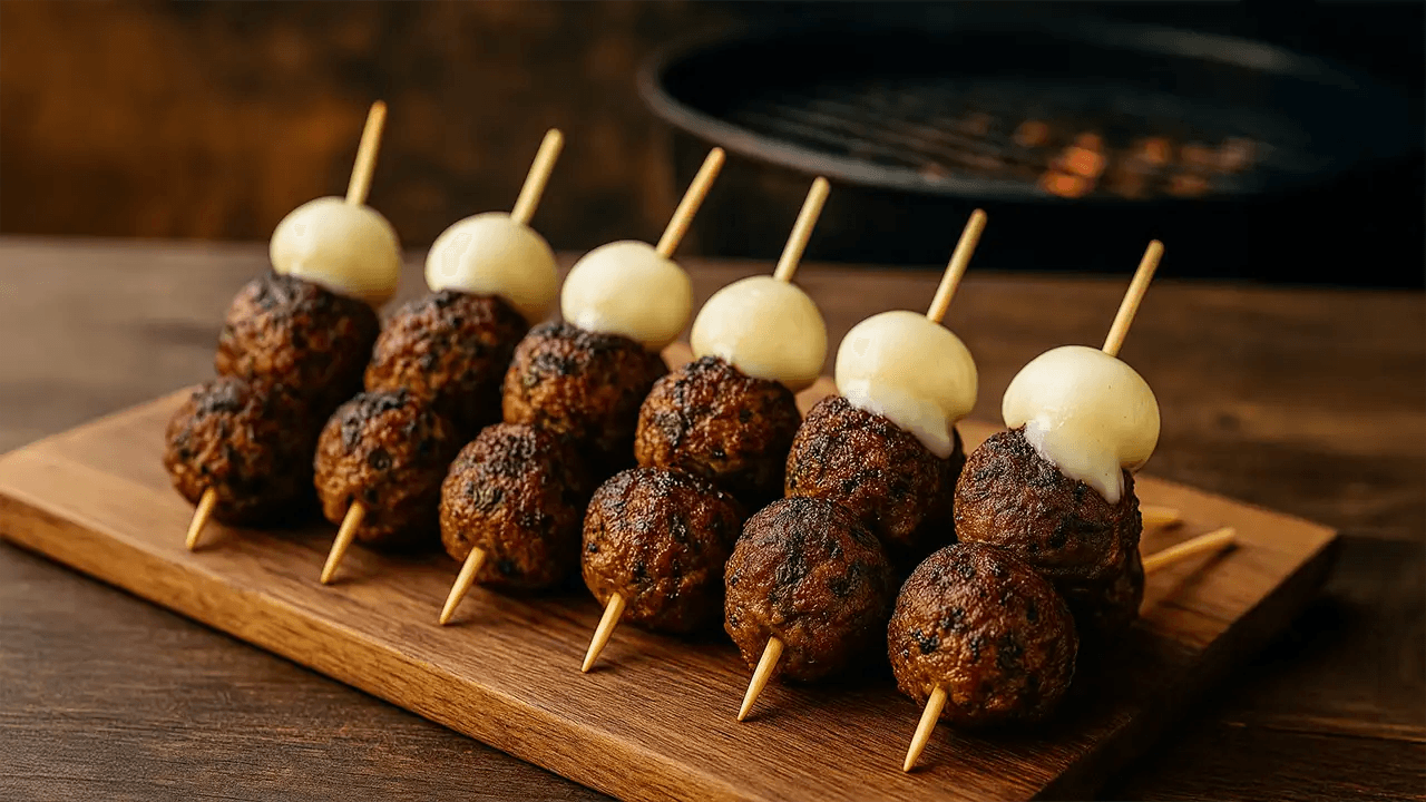 Smoky Basil Meatball Skewers with Melted Mozzarella
